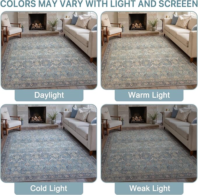 BESBLEE 10X14 Area Rugs Machine Washable Rugs for Living Room, Vintage Boho Large Rugs for Bedroom Dining Room, Non Slip Indoor Soft Distressed Lightweight Thin Low Pile Carpet, Vintage Blue
