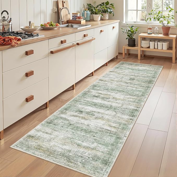 2x8 Runner Rug Non Slip,Washable Hallway Runner Rug,Green | Neutral Rugs for Kitchen,Entryway,Bedroom,Bathroom,Nursery Room,Thin,Soft Runner Rug,Stain Resistant Indoor Carpet