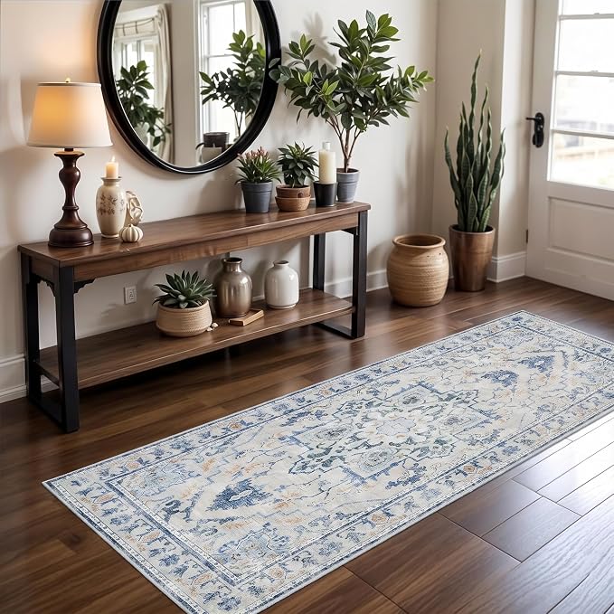 Joydeco Washable 2x5 Hallway Runner Rug Vintage, Blue Grey | Water Resistant Low Pile Non Slip Backing for Kitchen Entryway Bathroom Dining Room