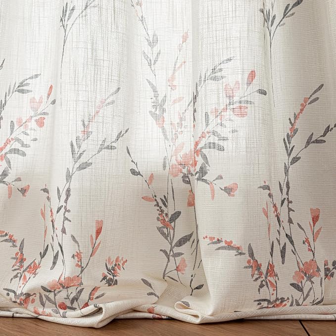 MYSKY HOME Curtains for Bedroom 63 Inch Long Linen Look Semi Sheer Not See Through Window Curtains & Drapes Farmhouse Patterned Country Vintage Style Texture for Living Room, 2 Pcs, Coral