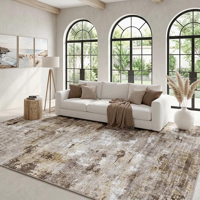 Washable Water Resistant Area Rug, Modern Abstract Distressed Carpet, 0.3" Low Pile, Non-Slip Silicone Backing, for Living Room, Dining Room, Bedroom, and Office, 8' x 10', Neutral Taupe