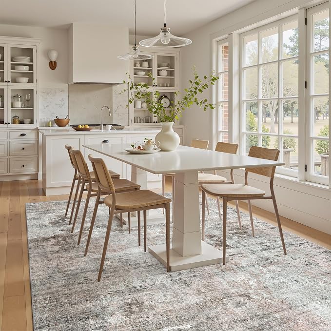 Soalmost 6x9 Abstract Area Rugs for Living Room 6 x 9 Washable Grey Pink Non Slip Low Pile Rugs for Bedroom Dining Room Foldable Thin