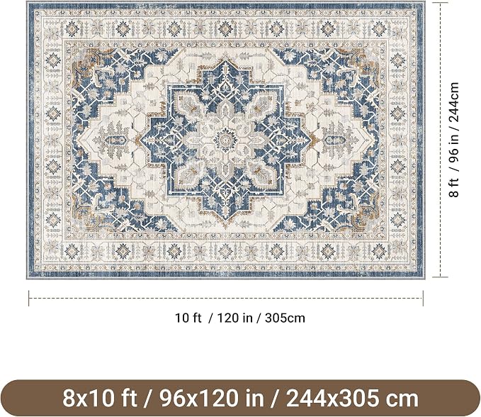 befbee 8x10 Area Rug for Living Rooms, Stain Resistant Neutral Washable Rugs for Dining Rooms, Floral Vintage Non-Slip Thin Large Size Area Rugs(Blue)