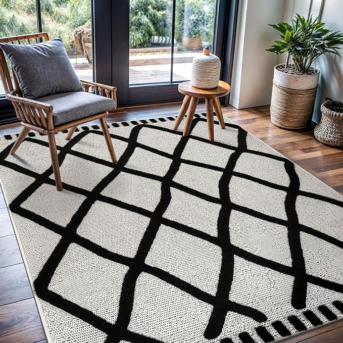 CAMILSON Modern Rug 6x9 Luxury Diamond Pattern Micro Loop Area Rugs Soft High-Low Pile Stain Resistant Easy to Clean Non-Shedding Durable Living Room Office Indoor Carpet (Black/White)