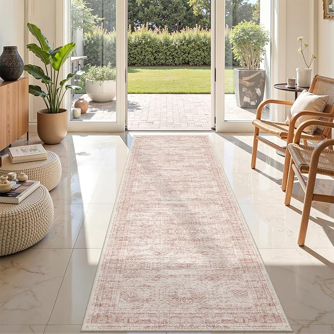 2x8 Runner Rug Non Slip,Washable Hallway Runner Rug,Pink | Neutral Rugs for Kitchen,Entryway,Bedroom,Bathroom,Nursery Room,Thin,Soft Runner Rug,Stain Resistant Indoor Carpet