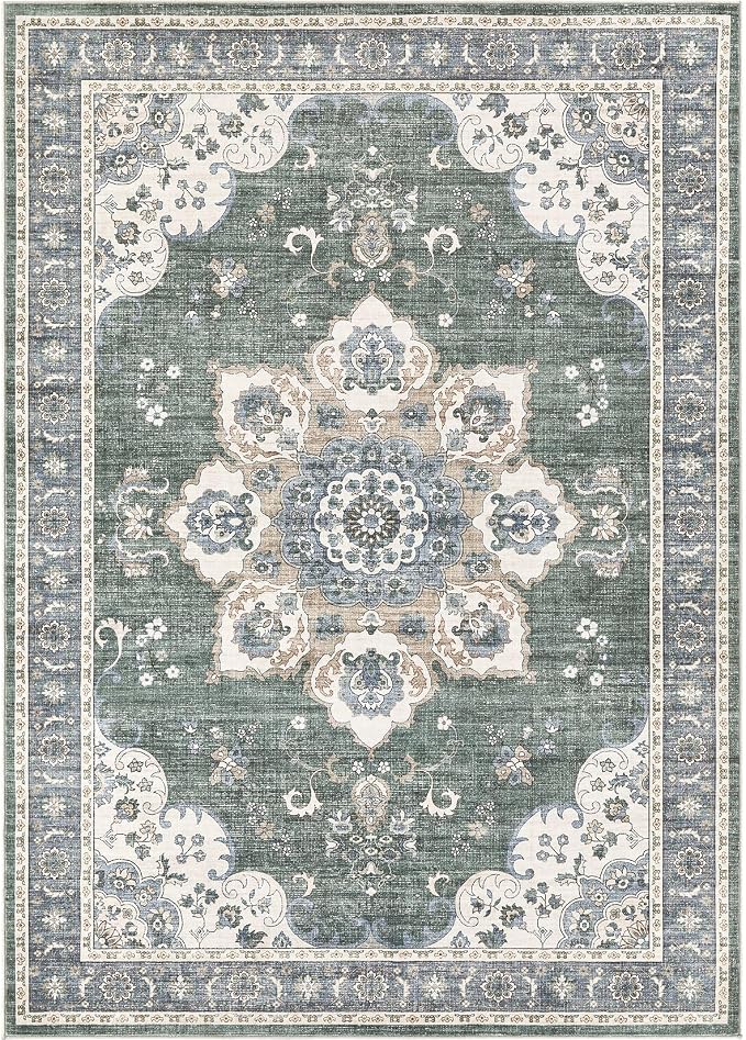 Area Rug for Living Room - 9x12 Soft Washable Oriental Vintage Floral Distressed Large Carpet - Fade Stain Resistant Non Slip Rugs for Bedroom Dining Room Nursery Dorm Office Home Decor - Green