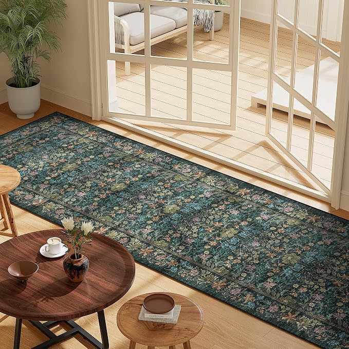 DUKINO 2x8 Runner Rug, Washable Vintage Floral Kitchen Rug, Blue | Non Slip, Low Pile, Non-Shedding, Stain Resistant Aesthetic Soft Carpet Runner for Hallway Bathroom Laundry Bedroom Entryway
