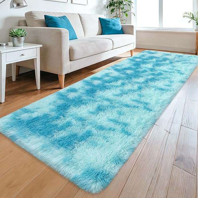 Light Blue Fluffy Rug for Bedroom Living Room, 3x10 ft Soft Sky Blue Bedroom Runner Rug for Bedside Kids Boys Room Hallway, Washable Fuzzy Kids Rugs Plush Shag Carpet for Nursery Dorm