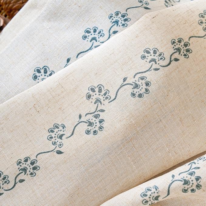 Lazzzy Cathy Linen Floral Curtains 63 inch Length for Kitchen Cute Privacy Curtains for Kids Room Rod Pocket Back Tab Light Filtering Drapes Farmhouse Cottagecore Decor 50"x63" Blue on Linen
