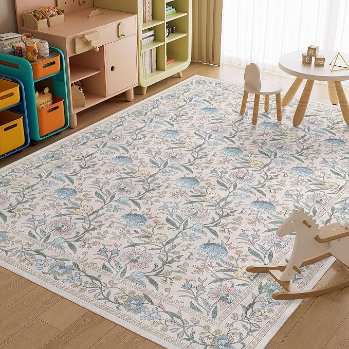 DUKINO 9x12 Area Rug for Living Room Vintage Floral Washable Rug Cream Blue | Non Slip, Low Pile, Non-Shedding, Stain Resistant, Aesthetic Soft Indoor Large Carpet for Bedroom Dining Room Farmhouse
