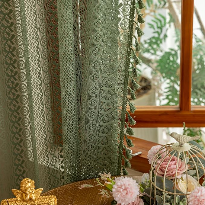 Sutuo Home Olive Green Boho Sheer Curtains 72 Inches Long for Kitchen Bedroom, Lace Curtains Bohemian French Country Privacy Crochet Light Filtering Vintage Tassels Christmas Rod Pocket,2 Panels 50"W