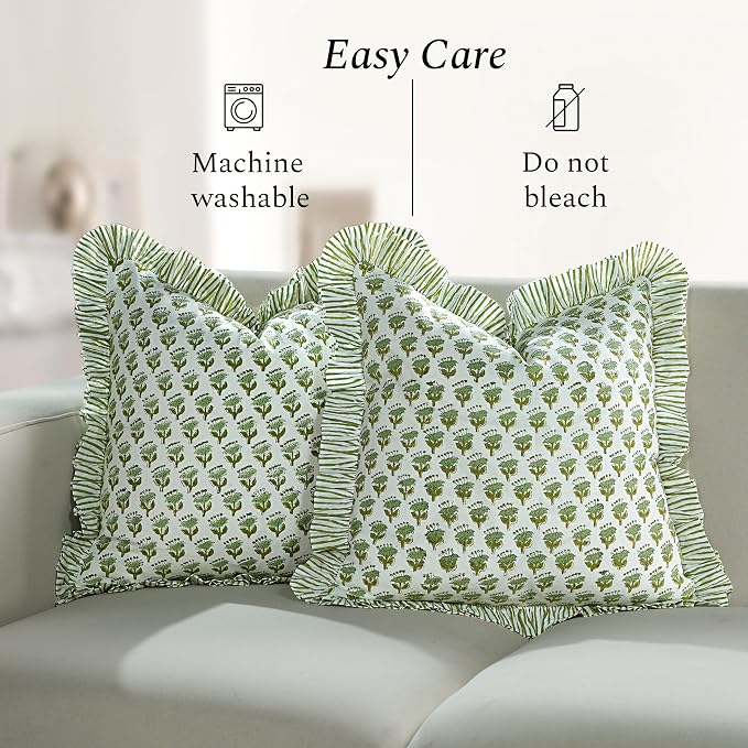 CPC Block Print Ruffle Throw Cover Emerald Green 16"x16" Inch Pack of 2-100% Cotton Ruffle Couch Decorative Boho Pillows Case for Living Room, Bedroom, Sofa, Farmhouse Gift for Spring, Mother's Day