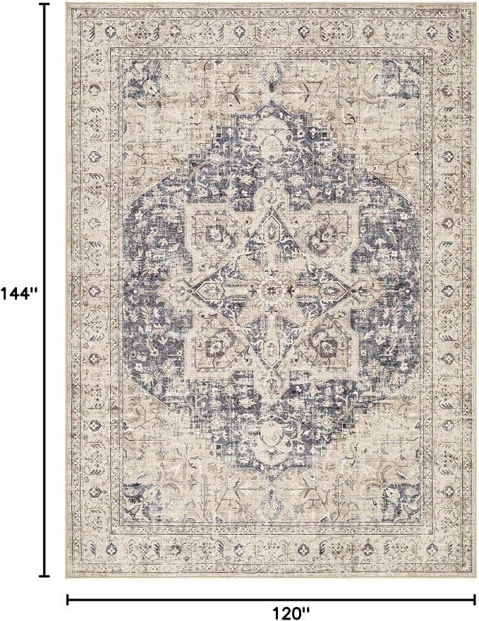 Tortania Area Rug Living Room Rugs - 10x12 Washable Boho Rug Vintage Oriental Distressed Farmhouse Large Thin Indoor Carpet for Living Room Bedroom Under Dining Table Home Office - Cream Blue
