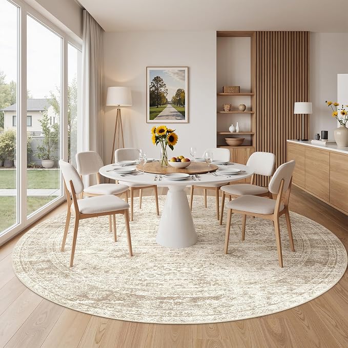 Round Rug 8ft,Circle Rug for Dining Room Table,Beige | Washable Rugs for Kitchen,Entryway,Bedroom,Dining Room,Nursery Room,Thin,Soft Runner Rug,Stain Resistant Indoor Carpet