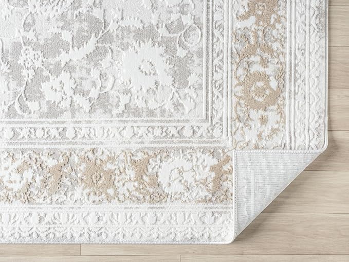 Amber Traditional Floral Area Rug for Living Room, 8x10 Vintage Persian Large Cream Neutral Rug, Medium Pile Stain Resistant Carpet for Bedroom, Dining Room or Kitchen (8' x 10', Cream)