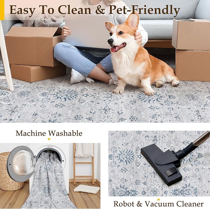 PureCozy 3x5 Area Rug Blue Washable Entryway Vintage Carpet Office Small Non Slip Stain Soft Resistant Low Pile Thin Boho Accent Indoor Throw Rug for Laundry Kitchen Bathroom Entrance Bedroom