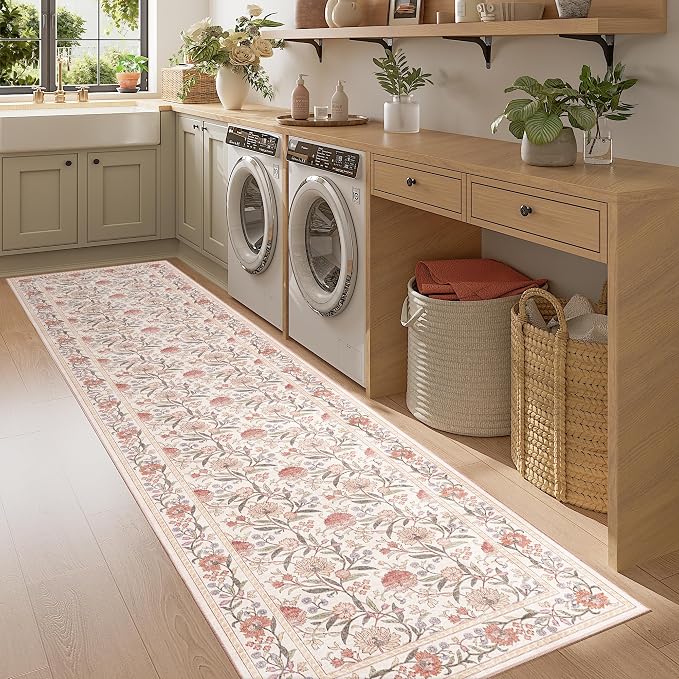 DUKINO 2.6x8 Runner Rug, Washable Vintage Floral Kitchen Runners Beige Pink | Non Slip, Low Pile, Non-Shedding Soft Carpet for Hallway Bathroom Laundry Entryway Bedroom Farmhouse, Kids and Pets Friendly