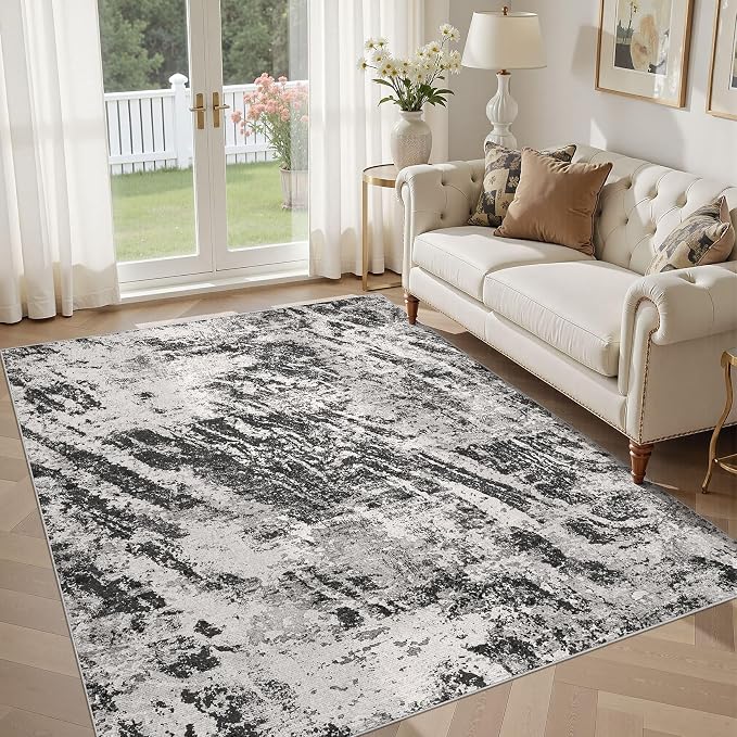 DMOYEST 5x7 Washable Area Rug: Abstract Modern Non-Slip Carpet, Soft Low Pile Indoor Neutral Easy Clean Floor Rugs for Living Room Bedroom Dining Room Kids & Pets - Black