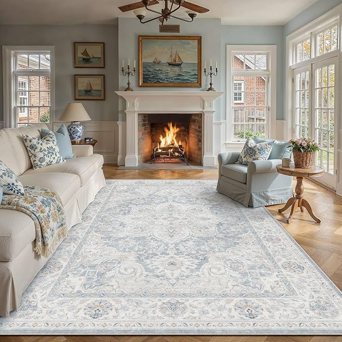 HUGEAR Blue 8x10 Washable Area Rugs Vintage Indoor Carpet | Living Room Rug,Bedroom,Dining Room,Office,Farmhouse,Non-Shedding,Non Slip,Low Pile,Soft