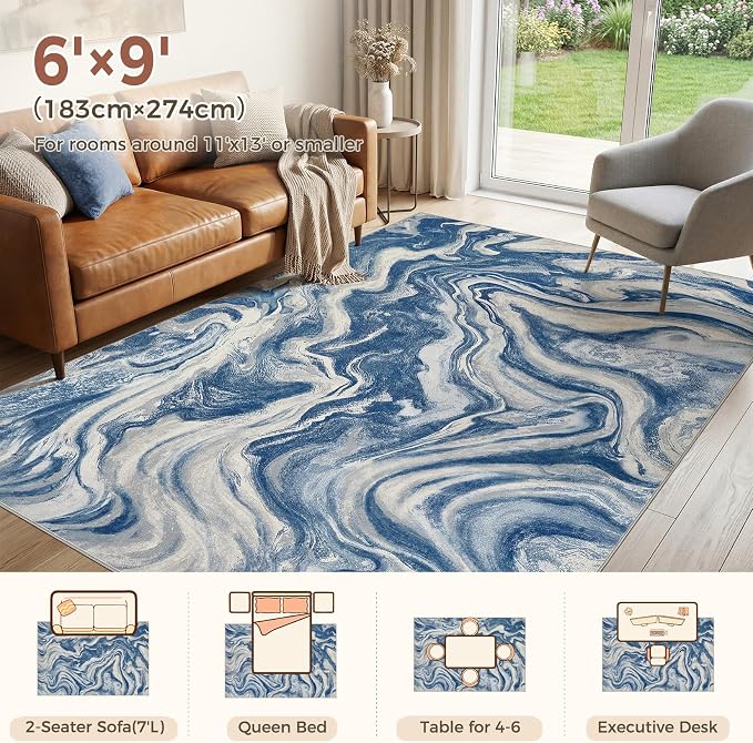 DMOYEST Living Room Area Rugs-6x9 Abstract Large Soft Indoor Washable Rug Neutral Modern Low Pile Carpet for Bedroom Dining Room Farmhouse Home Office-Navy Blue