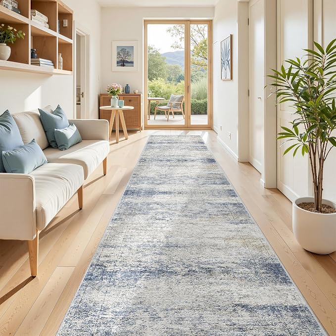 2'6 x 14' Runner Rug Non Slip,Washable Kitchen Rugs,Blue | 14 ft Runner Rug for Hallway,Entryway,Bedroom,Living Room,Thin,Soft, Extra Long Rug,Stain Resistant Indoor Carpet