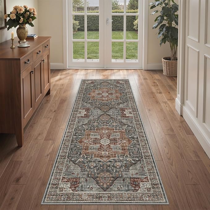 Roxstand 2x6 Washable Runner Rug, Non Slip Hallway Rugs Grey/Brown/Tan | Low Pile Vintage Rug, Stain Resistant, Distressed Runner Rugs for Entryay, Living Room, Bedroom Kitchen Laundry