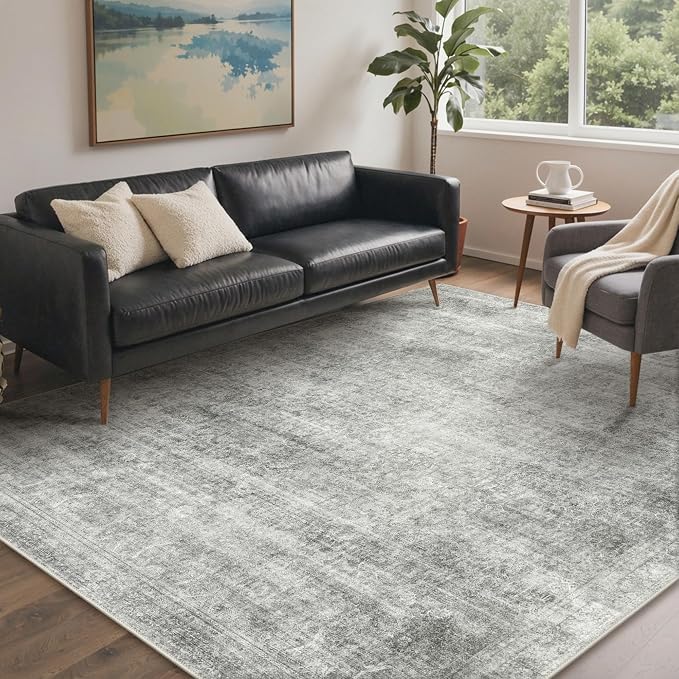 BESBLEE 4X6 Area Rugs Machine Washable Rugs for Living Room, Vintage Boho Large Rugs for Bedroom Dining Room, Non Slip Indoor Soft Distressed Lightweight Thin Low Pile Carpet, Light Grey