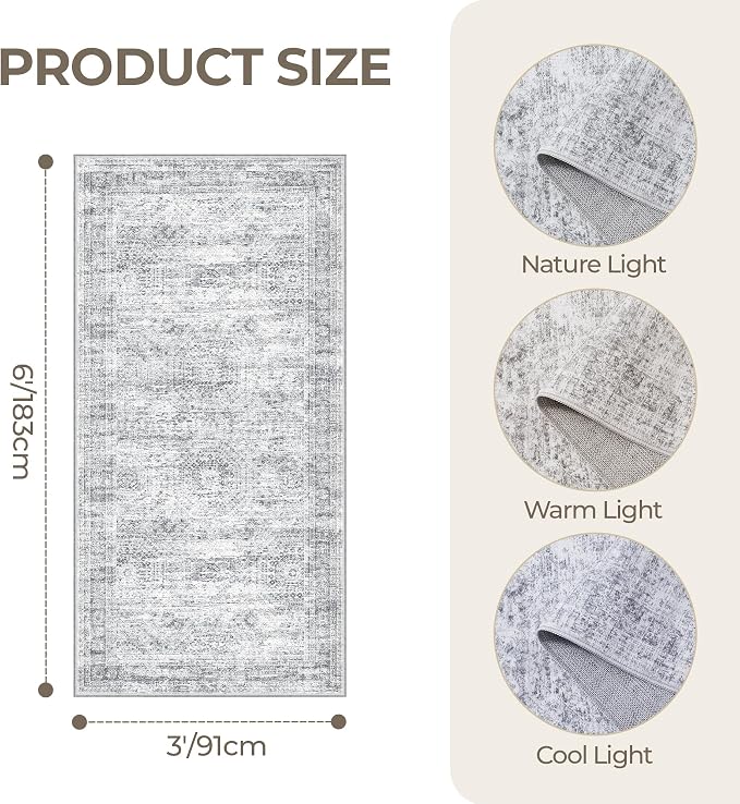 3x6 Runner Rug Non Slip,Washable Hallway Runner Rug,Grey | Neutral Rugs for Kitchen,Entryway,Bedroom,Bathroom,Nursery Room,Thin,Soft Runner Rug,Stain Resistant Indoor Carpet
