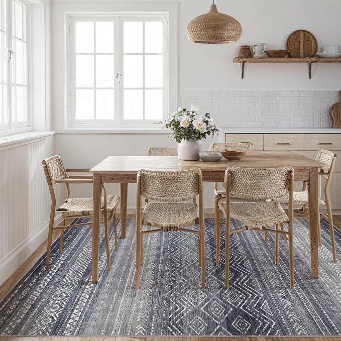 Tortania Area Rug Living Room Rugs- 12x15 Washable Large Soft Neutral Boho Moroccan Bohemian Farmhouse Rug Indoor Floor Carpet for Bedroom Under Dining Table Home Office Decor - Blue Gray