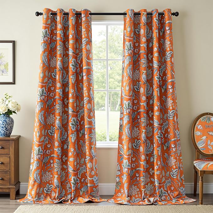 MYSKY HOME Orange Floral Blackout Curtains & Drapes 95 inch Curtains 2 Panels Set for Living Room Bedroom Boho Farmhouse Elegant Curtains Heat Block Sound Reduce Drapes with Patterned Bird Design