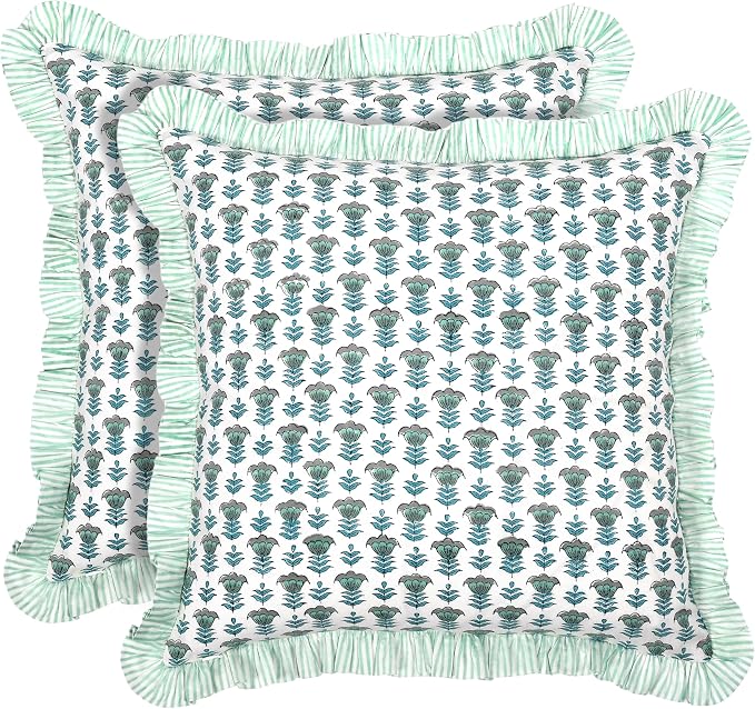 Ridhi Block Print Aquamarine Blue Throw Pillow Cover 18" x 18" (Pack of 2) Decorative Cushion Covers with Ruffle for Couch, Sofa, Bed, Living Room, Home Decor Gift for Spring, Easter, Valentine