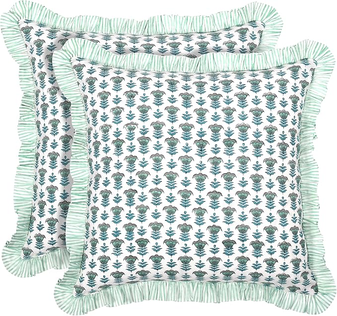 Ridhi Block Print Aquamarine Blue Throw Pillow Cover 16" x 16" (Pack of 2) Decorative Cushion Covers with Ruffle for Couch, Sofa, Bed, Living Room, Home Decor Gift for Spring, Easter, Valentine
