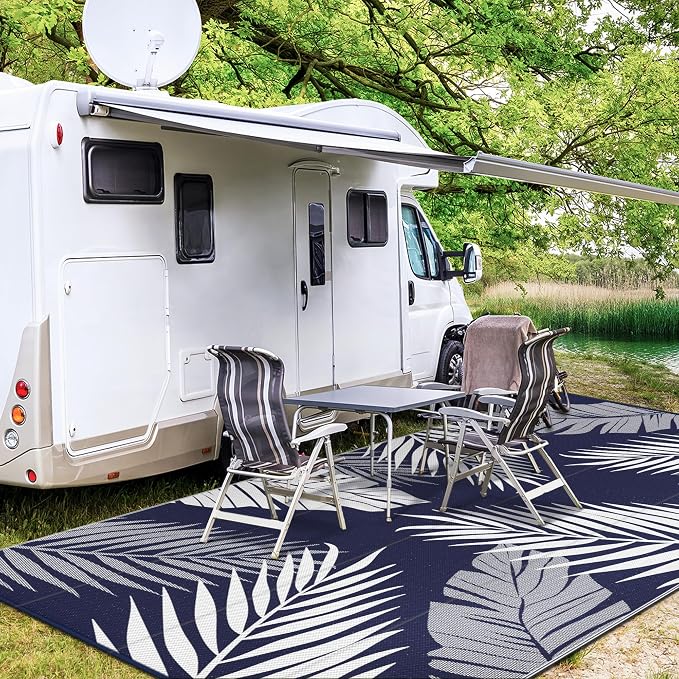 GENIMO Outdoor Rug, Waterproof Plastic Rugs 10'x14' for Camping Blue White | Outside Larger Leaf Carpet Mat for Porch Decor, Deck, Camping, RV, Backyard, Balcony, Picnic, Beach, Reversible, Foldable