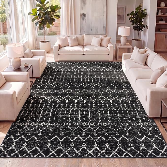JONATHAN Y Boho Vintage Diamond Black/Ivory Indoor Area Rug 8X10 ft, Moroccan Hype for Living Room, Bedroom, Kitchen, Office, Easy-Cleaning, High Traffic, Pet-Friendly, Non-Shedding (MOH101D-8)