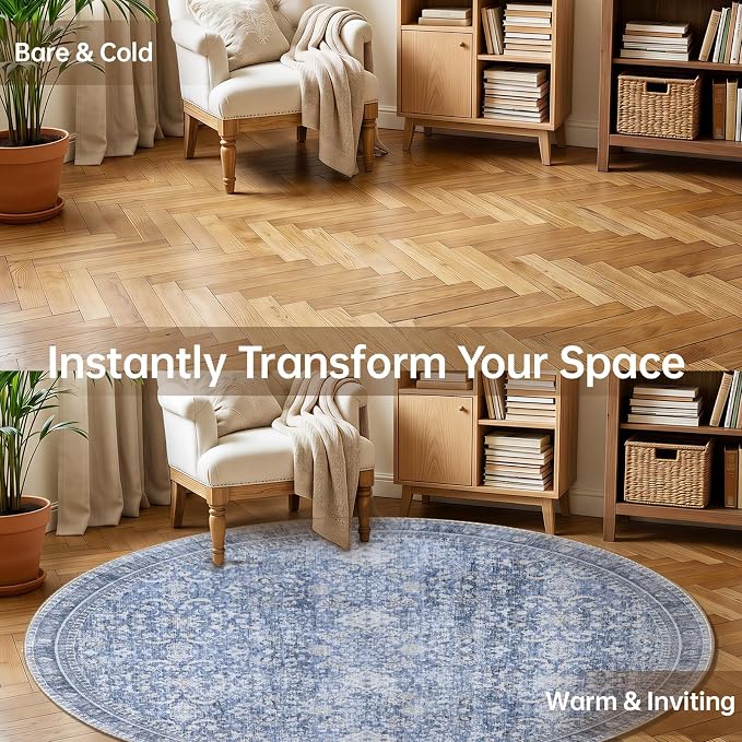 Sasttie Round Rugs 6ft, Ultra-Soft Washable Circle Rug, Low Pile Foldable Thin Carpets with Non-Slip Backing, Skin-Friendly Stain Resistant Carpet for Living Room, Bedroom, Kitchen, Dorm, 6ft, Blue