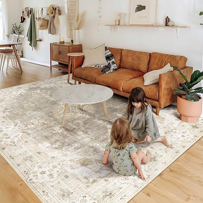 MUJOO 6x9 Area Rugs,Beige Rug Washable Non Slip Low-Pile Floral Large | Machine Washable Throw Carpet for Living Room Bedroom Dining Room Boho Soft Indoor Vintage Bohemian Flowers