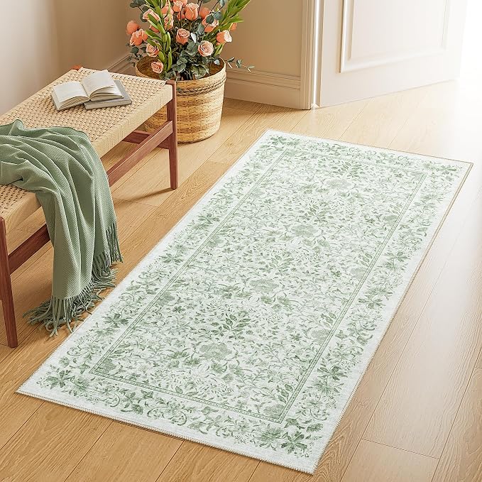 DUKINO 2x4 Rug, Washable Vintage Floral Bathroom Runner Rug, Sage Green | Non Slip, Low Pile, Stain Resistant, Aesthetic Lightweight Soft Indoor Carpet for Kitchen Entryway Hallway Bathroom Bedroom