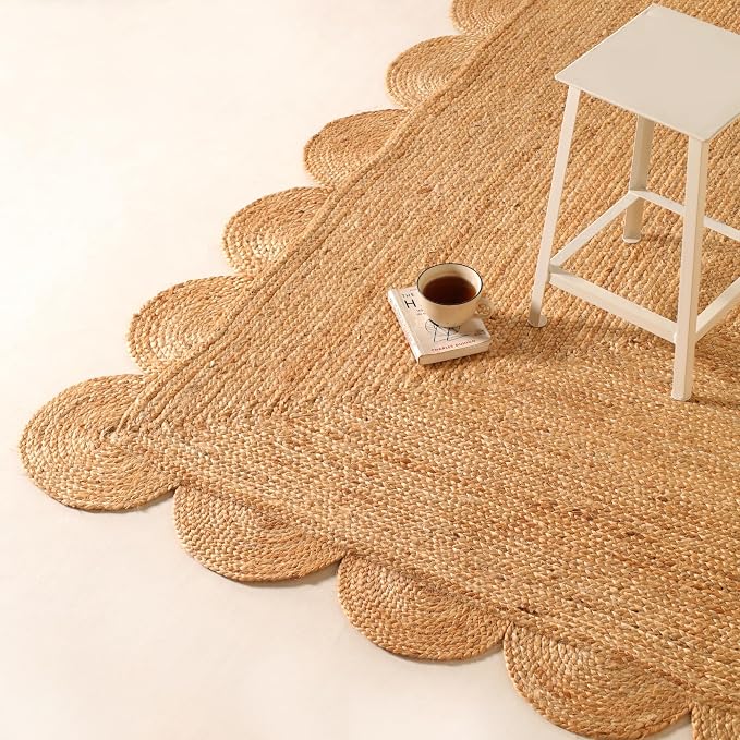Scalloped Natural Jute Area Rug 6x9ft Handwoven Natural Living Room Bedroom