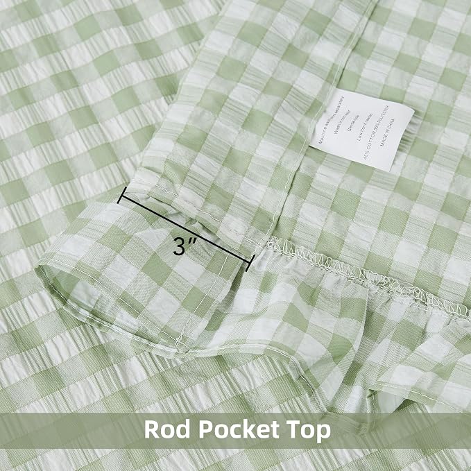 ZJDECOR Sage Green White Buffalo Plaid Ruffle Curtains 95 Inches Long | Woven Crinkled Not-See-Through Sheer Drapes,Shabby Chic Window Treatment for Bedroom Living Room,Rod Pocket,40"Wx95"Lx2