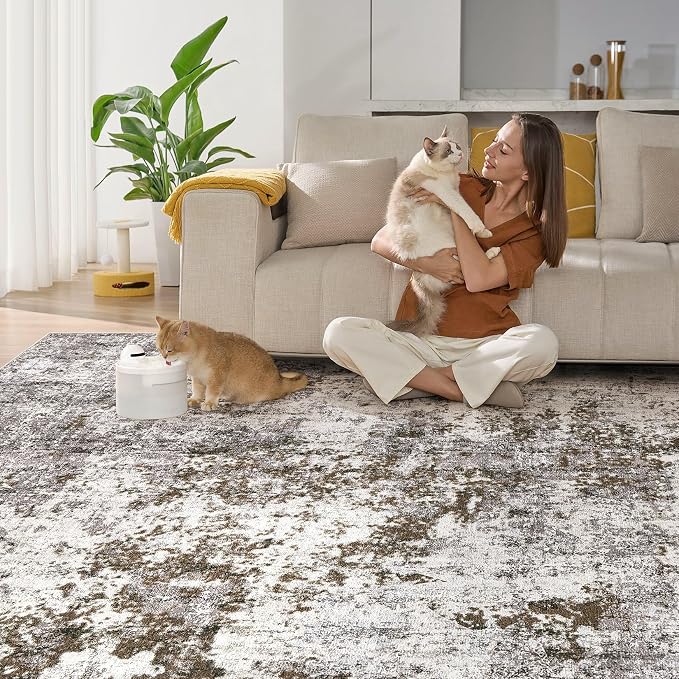 DMOYEST 9x12 Area Rug for Living Room, Washable & Non Slip Large Indoor Carpet, Kid & Pet Friendly Soft Thin Low Pile Abstract Rug for Bedroom and Office - Dark Brown