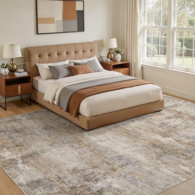 9x12 Area Rugs for Living Room, Washable Non Slip Bedroom Carpet | Neutral Modern Abstract Large Area Rug, Soft Low Pile Lightweight Made for Dining Room, Nursery, Home Office - Dark Brown