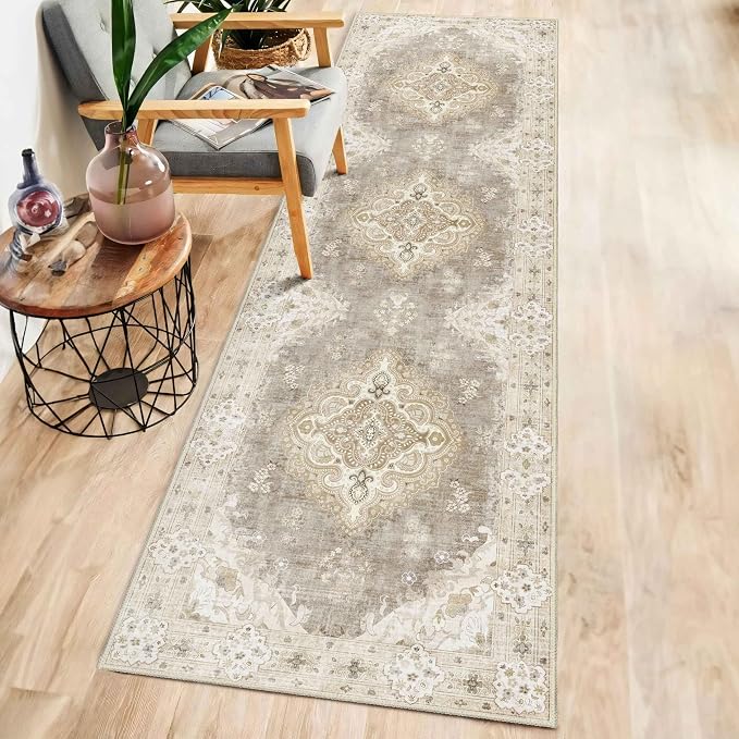 MUJOO Beige Runner Rug Washable 2x8 Area Rugs Non Slip Low-Pile Floral | Long Throw Carpet for Hallways Entryway Kitchen Bathroom Bedside Bedroom Laundry Boho Soft Indoor Vintage Bohemian Flowers