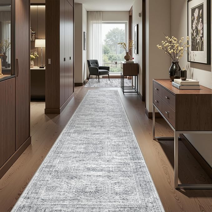 2x12 Runner Rug Non Slip,Washable Hallway Runner Rug,Grey | Long Neutral Rugs for Kitchen,Entryway,Bedroom,Bathroom,Laundry Room,Thin,Soft Runner Rug,Stain Resistant Indoor Carpet