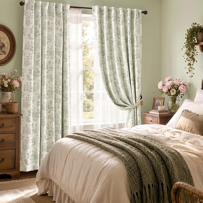 jinchan Green Blackout Curtains 84 Inch Whimsical Back Tab 2 Panels | Room darkening,nursery kids bedroom,privacy,whimsical,cottagecore,bunny pattern,botanical,nature-inspired decor