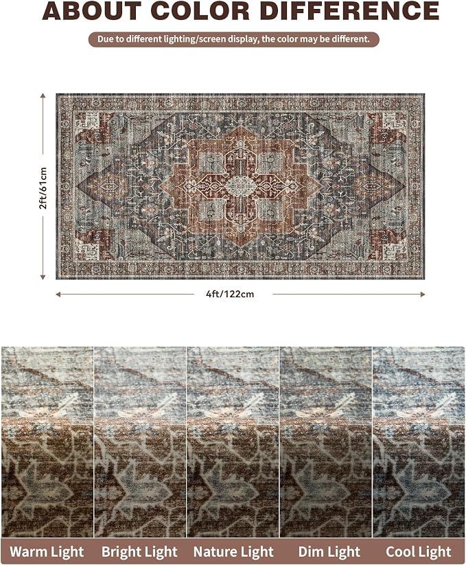Roxstand Washable Runner Rug 2x4, Non Slip Small Rugs Grey/Brown/Tan | Low Pile Vintage Rug, Stain Resistant,Pet & Kid Friendly, Carpet for Entryway, Bedroom, Kitchen,Laundry and Bathroom