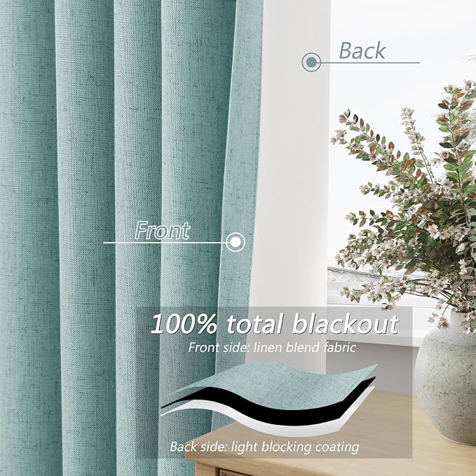 Guken Light Blue 100% Blackout Linen Curtains 84 Inch Length 2 Panels Set for Living Room Bedroom Back Tab/Rod Pocket Thermal Insulated Black Out Drapes Room Darkening Window Curtains 84 Inches Long