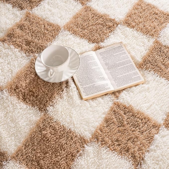 Pionblank 9x12 Area Rug, Large Fluffy Checkered Rugs for Living Room, Shag Rug for Bedroom, Soft Non Slip Shag Carpet for Kids Room Nursery Home Decor, Beige and Cream White