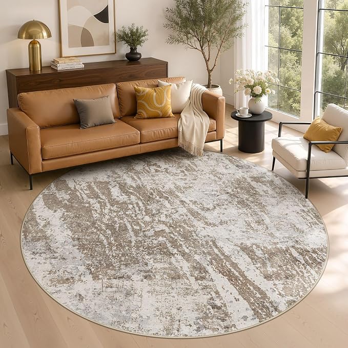 DMOYEST 6ft Round Washable Area Rug for Living Room: Modern Abstract Neutral Circle Carpet, 6x6 Soft Low Pile Non-Slip Floor Mat for Bedroom Under Dining Table, Kids & Pet - Brown