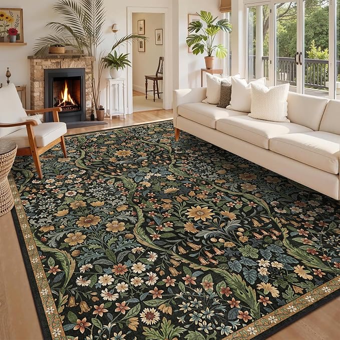 8x10 Washable Area Rug for Living Room, Large Vintage Black Brown Floral Rugs, Soft Non-Slip Stain Resistant Boho Lightweight Carpet for Girls Bedroom Dining Room Nursery Home Office
