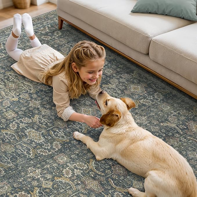 BESBLEE 5X7 Area Rugs Machine Washable Rugs for Living Room, Vintage Boho Large Rugs for Bedroom Dining Room, Non Slip Indoor Soft Distressed Lightweight Thin Low Pile Carpet, Deep